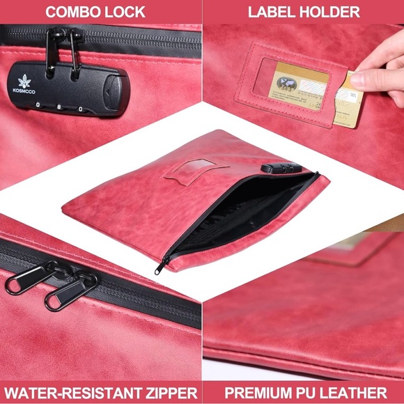 NWOT Red PU Leather Heavy Duty Zipper Document Bag w/ Combo Lock-13.6 in x 10 in - Picture 6 of 9